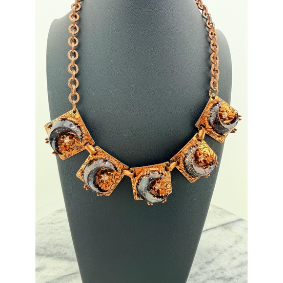 Jewelry - 1950s Copper Tone Celestial Bib Necklace Black Confetti Lucite Moons, Whimsigoth